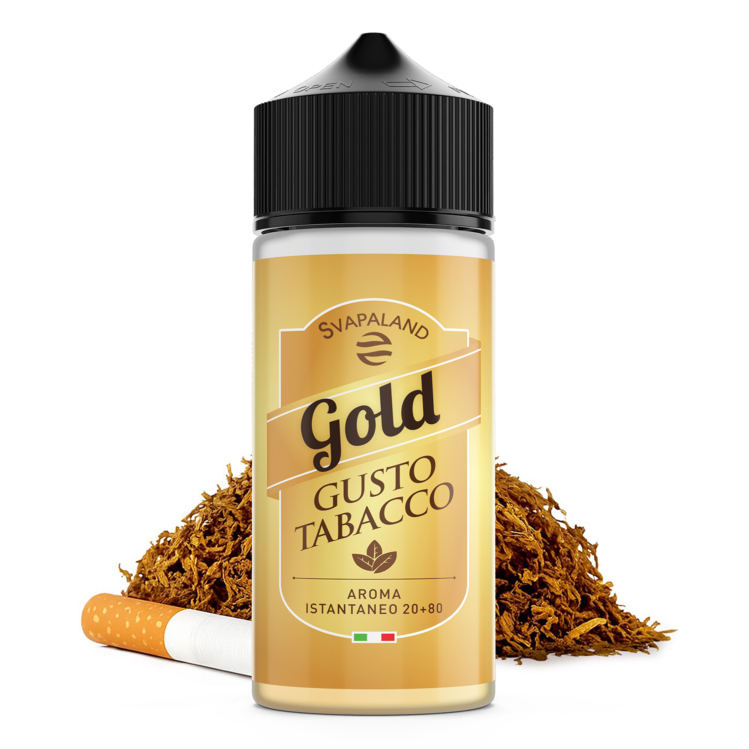 Tabacco Gold 20 ml: aroma istantaneo formato 20+80, il primo aroma che riproduce il gusto della combustione, per sigaretta elettronica.